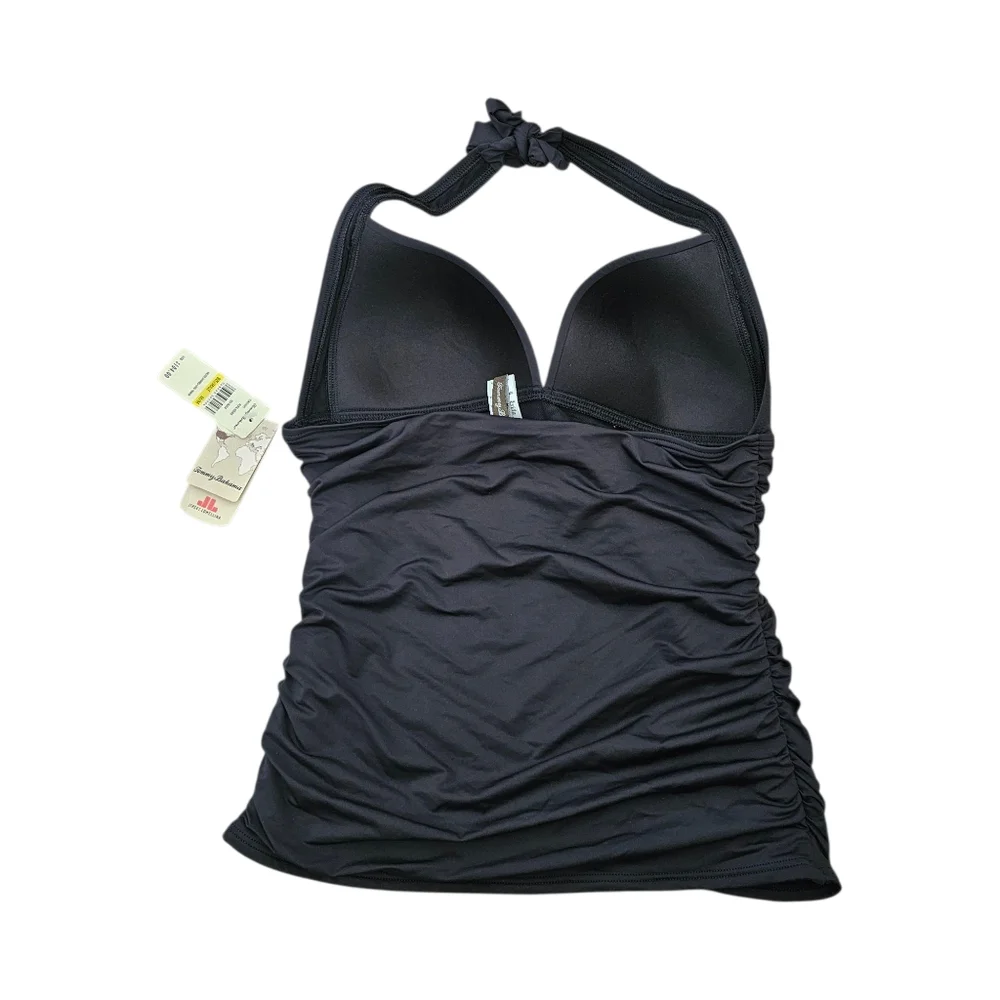 Tommy Bahama‎ Pearl Solids Pleated Cup Halter Long Tankini Swim Top Black M New